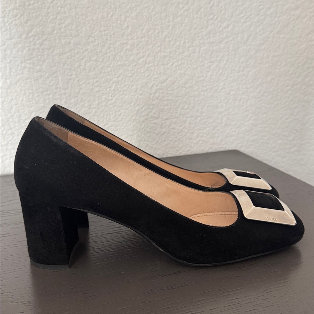 Prada Black Suede Heels with Silver Accent